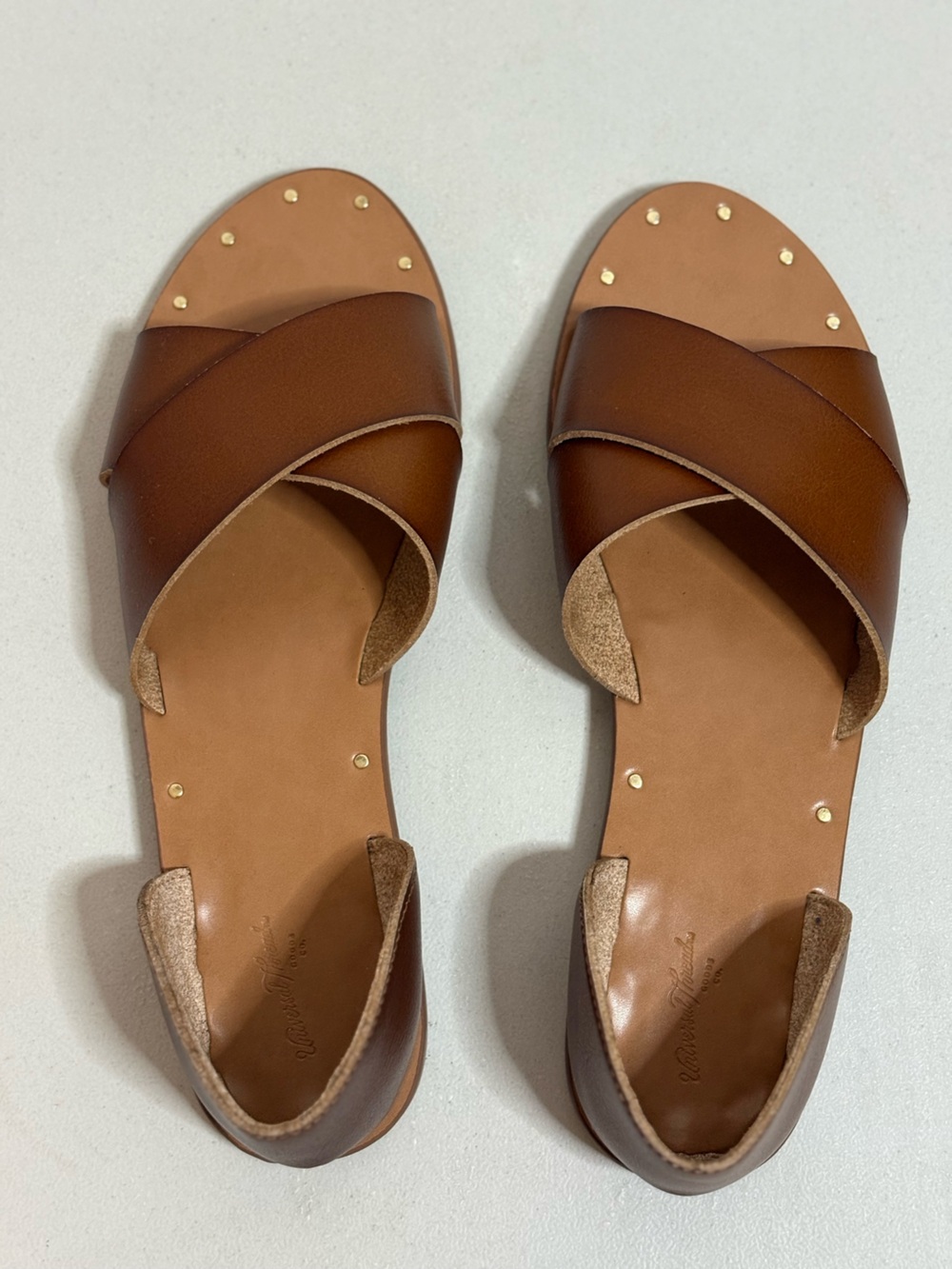 Universal Thread Gold-Studded Brown Faux Leather Sandals, Size 10